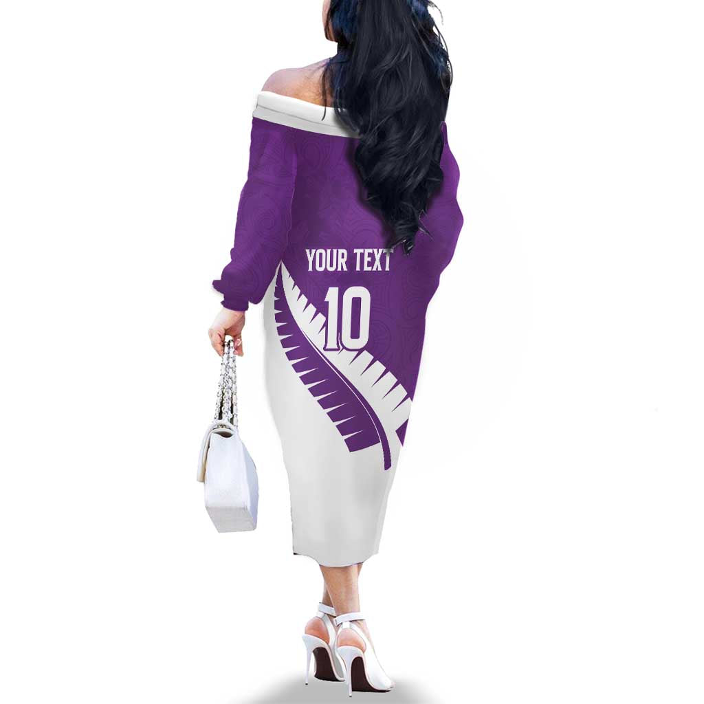 Custom New Zealand Cricket Family Matching Off The Shoulder Long Sleeve Dress and Hawaiian Shirt Kiwi Birds Haka Dance Purple Fern Sporty Style LT03 - Polynesian Pride