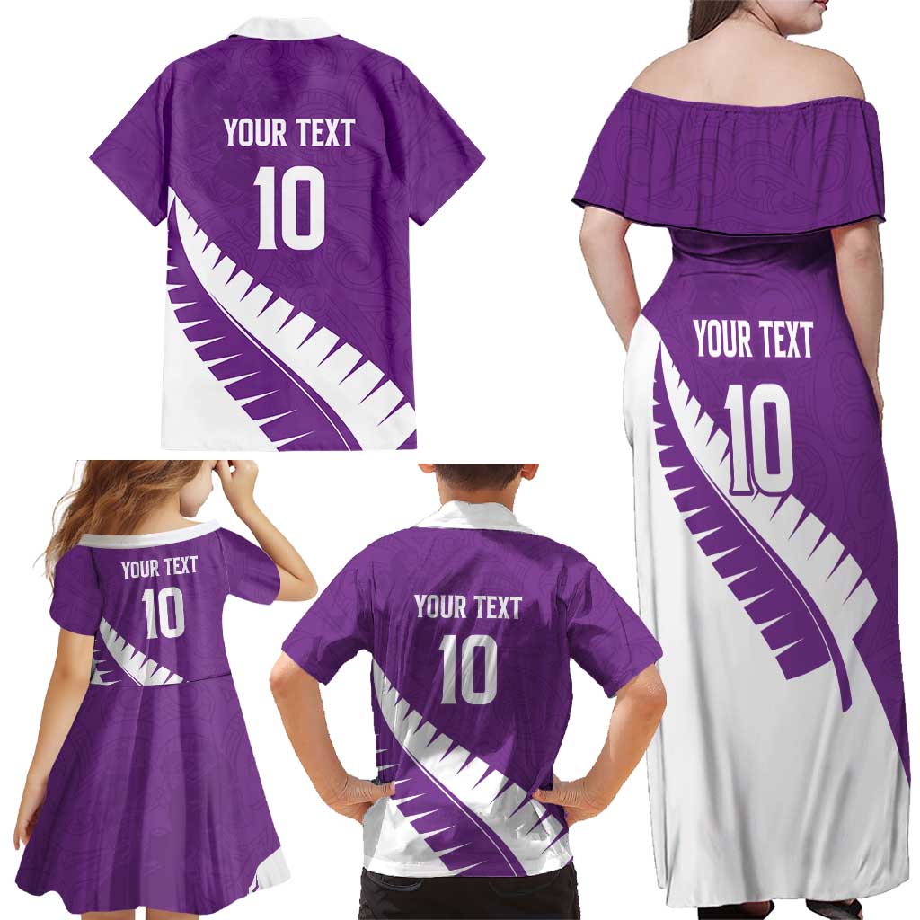 Custom New Zealand Cricket Family Matching Off Shoulder Maxi Dress and Hawaiian Shirt Kiwi Birds Haka Dance Purple Fern Sporty Style