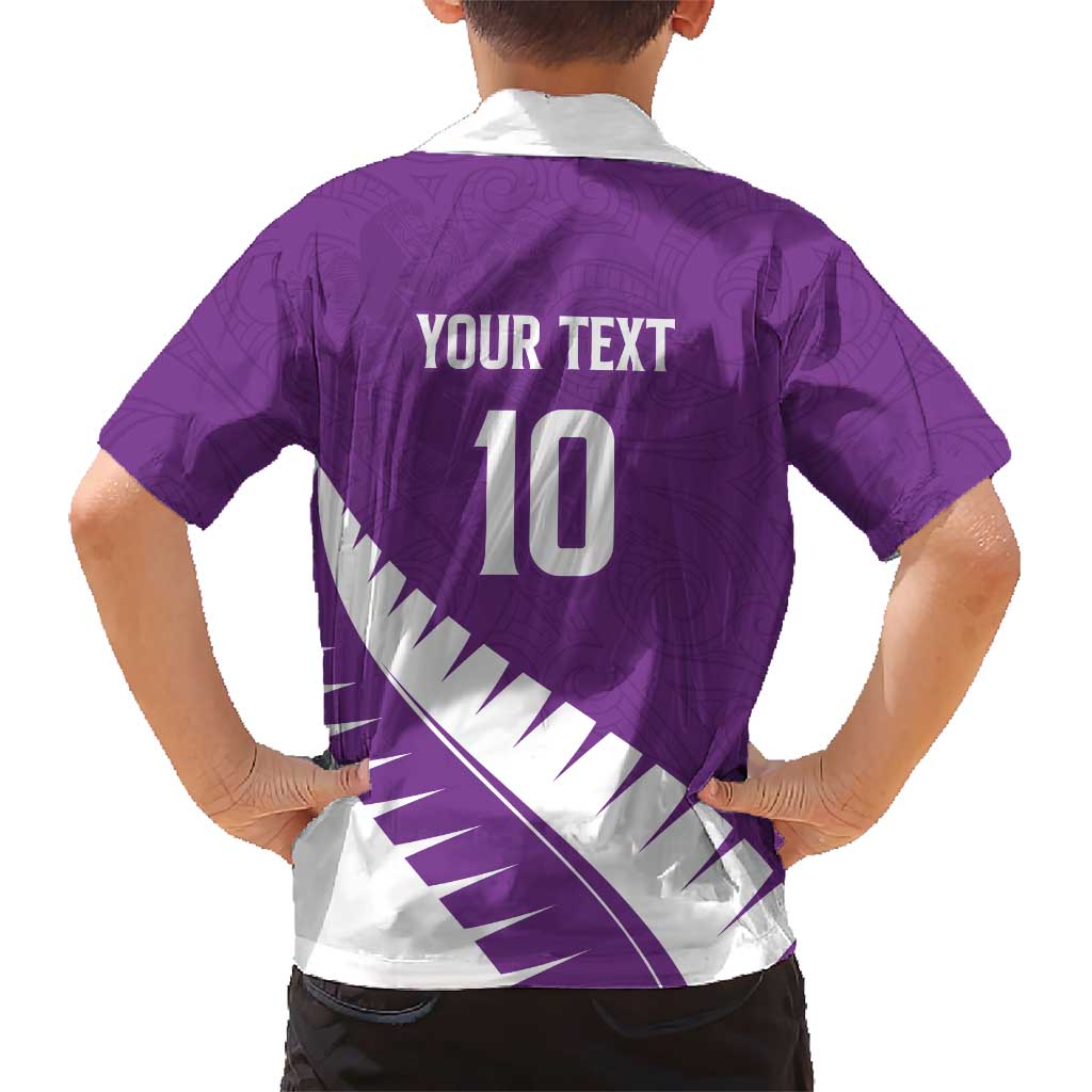 Custom New Zealand Cricket Family Matching Off Shoulder Short Dress and Hawaiian Shirt Kiwi Birds Haka Dance Purple Fern Sporty Style LT03 - Polynesian Pride