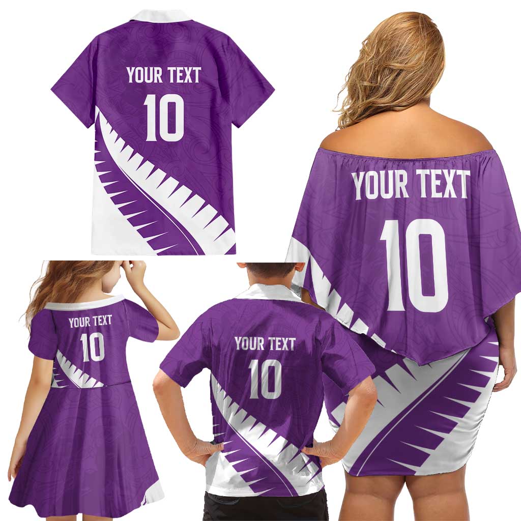 Custom New Zealand Cricket Family Matching Off Shoulder Short Dress and Hawaiian Shirt Kiwi Birds Haka Dance Purple Fern Sporty Style LT03 - Polynesian Pride