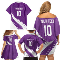 Custom New Zealand Cricket Family Matching Off Shoulder Short Dress and Hawaiian Shirt Kiwi Birds Haka Dance Purple Fern Sporty Style LT03 - Polynesian Pride
