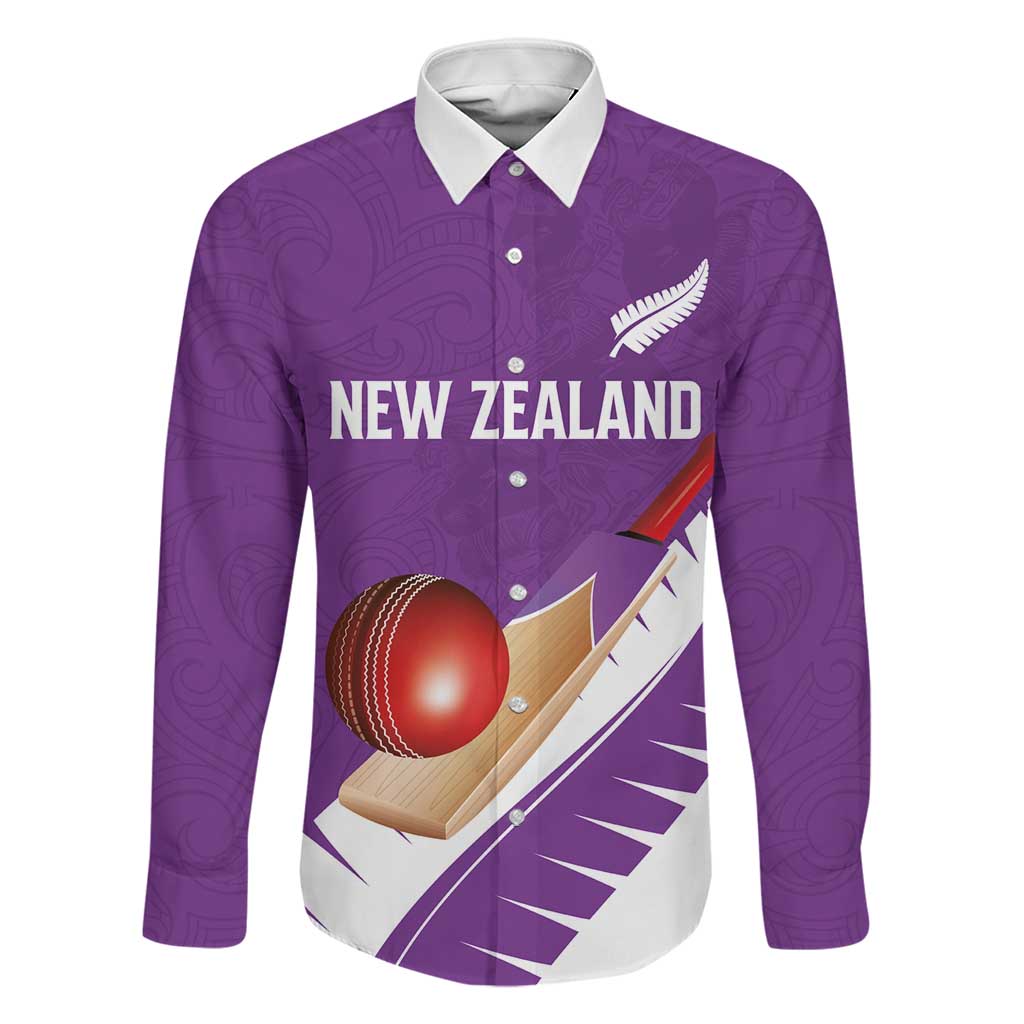Custom New Zealand Cricket Family Matching Off Shoulder Short Dress and Hawaiian Shirt Kiwi Birds Haka Dance Purple Fern Sporty Style LT03 Dad's Shirt - Long Sleeve Purple - Polynesian Pride