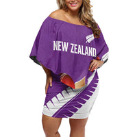 Custom New Zealand Cricket Family Matching Off Shoulder Short Dress and Hawaiian Shirt Kiwi Birds Haka Dance Purple Fern Sporty Style LT03 Mom's Dress Purple - Polynesian Pride