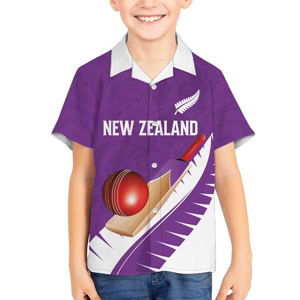 Custom New Zealand Cricket Family Matching Off Shoulder Short Dress and Hawaiian Shirt Kiwi Birds Haka Dance Purple Fern Sporty Style LT03 Son's Shirt Purple - Polynesian Pride
