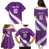 Custom New Zealand Cricket Family Matching Puletasi and Hawaiian Shirt Kiwi Birds Haka Dance Purple Fern Sporty Style