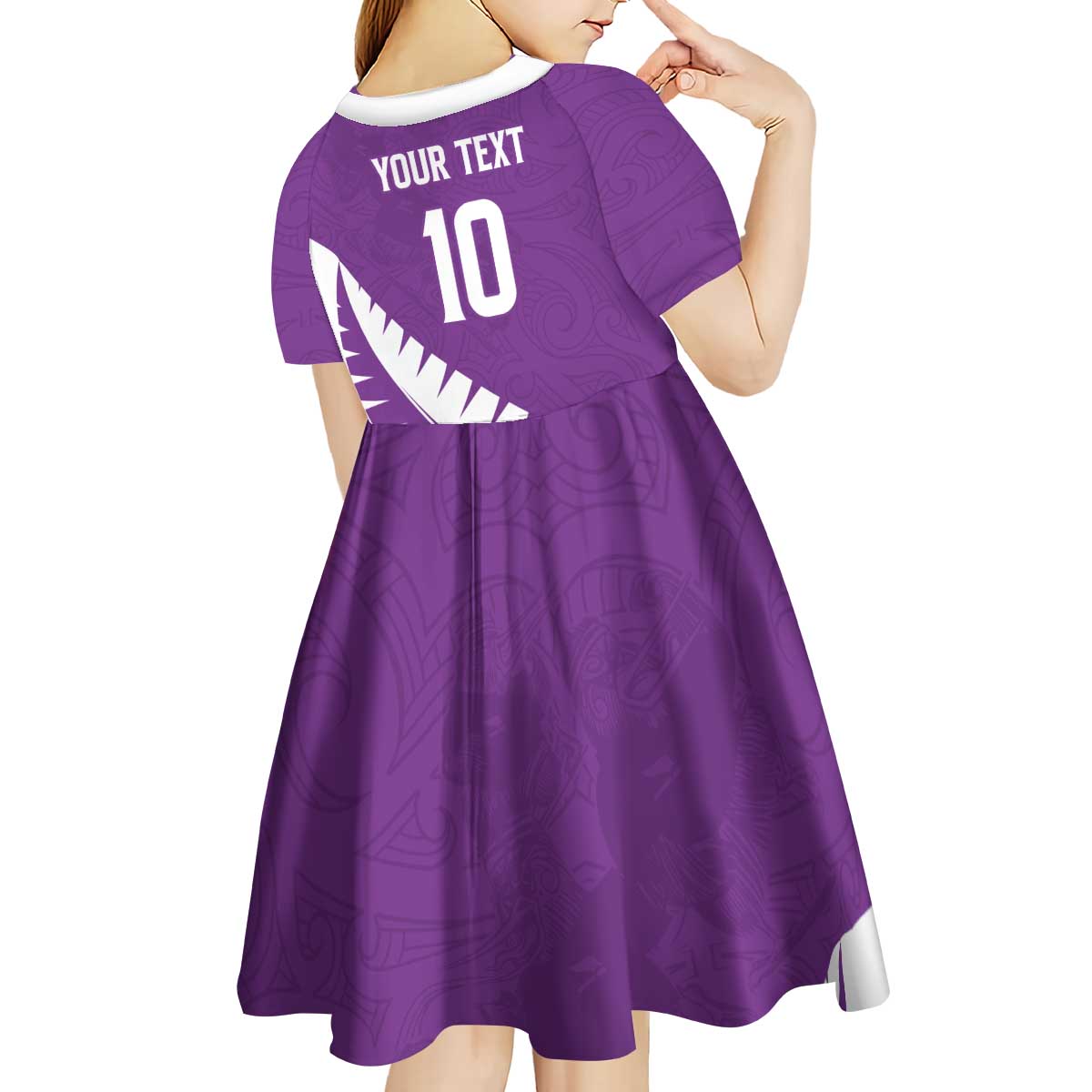 Custom New Zealand Cricket Kid Short Sleeve Dress Kiwi Birds Haka Dance Purple Fern Sporty Style