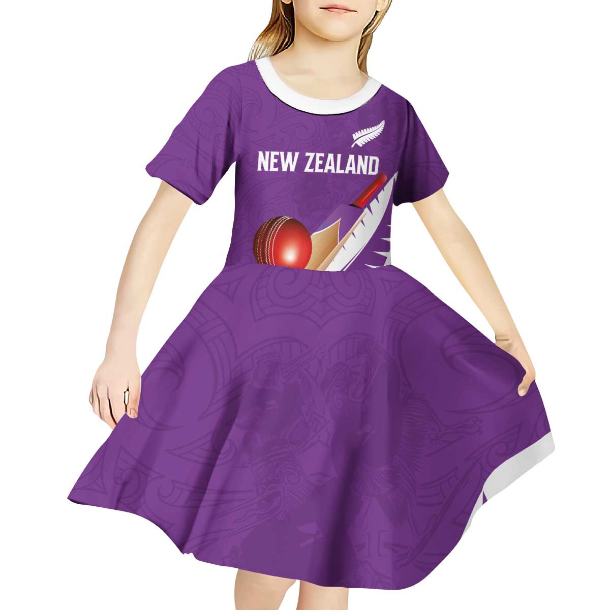 Custom New Zealand Cricket Kid Short Sleeve Dress Kiwi Birds Haka Dance Purple Fern Sporty Style