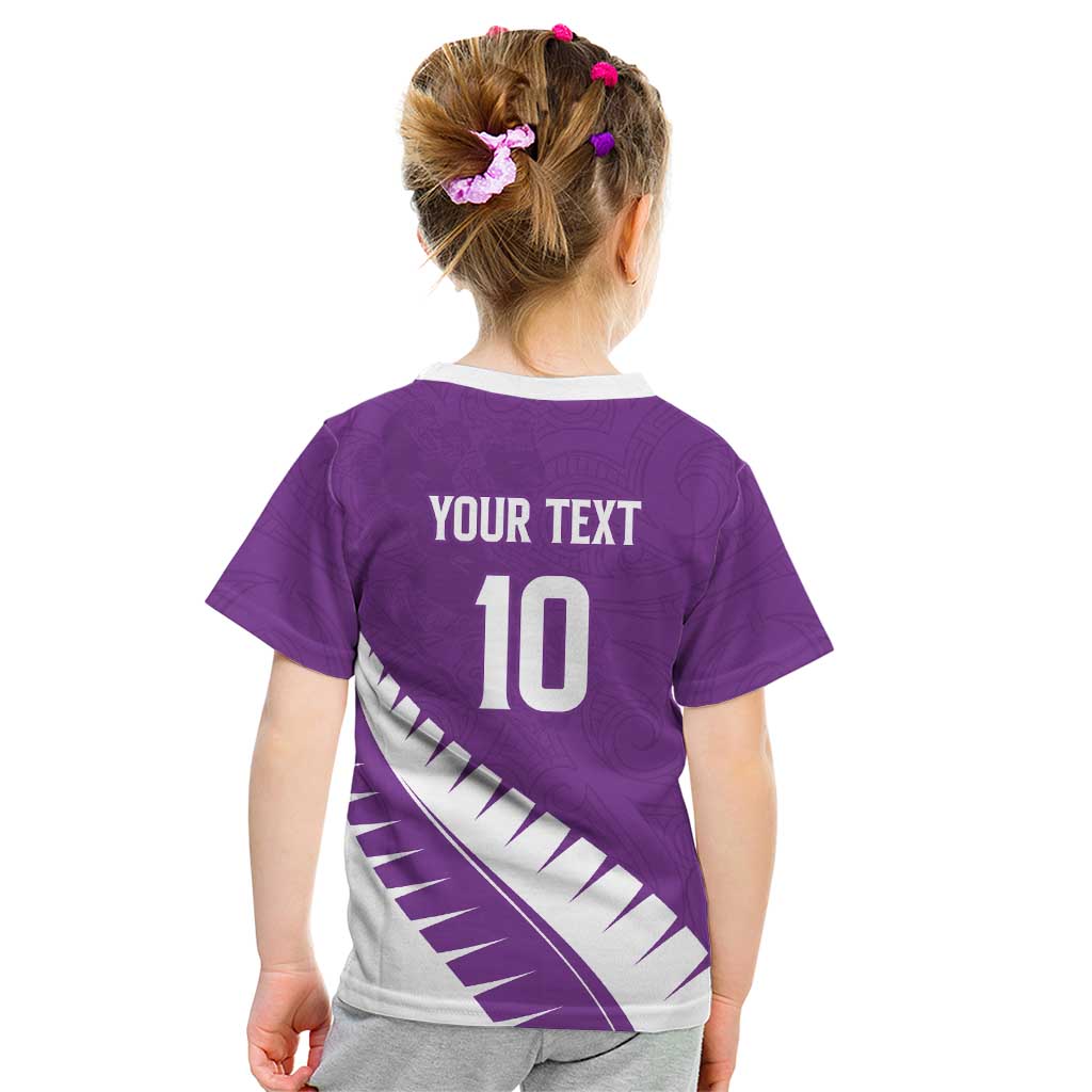 Custom New Zealand Cricket Kid T Shirt Kiwi Birds Haka Dance Purple Fern Sporty Style