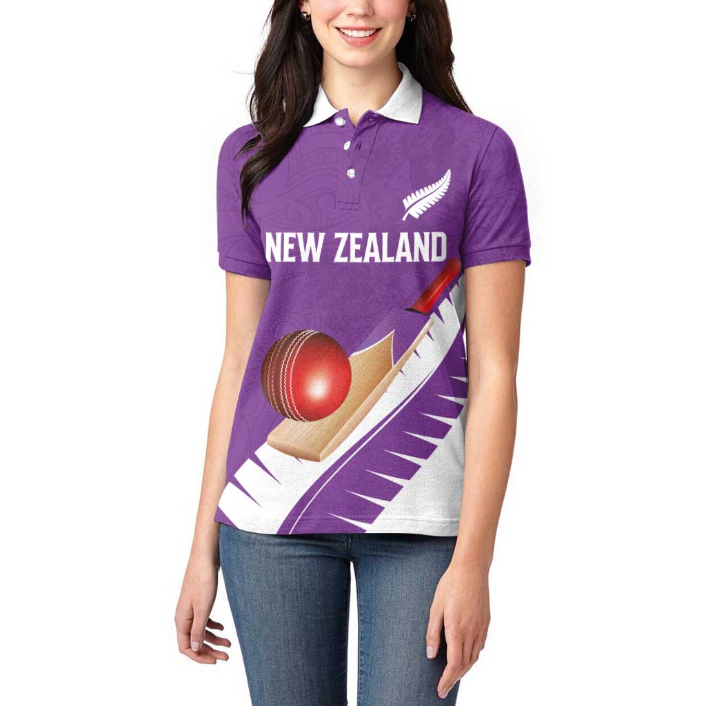 Custom New Zealand Cricket Women Polo Shirt Kiwi Birds Haka Dance Purple Fern Sporty Style