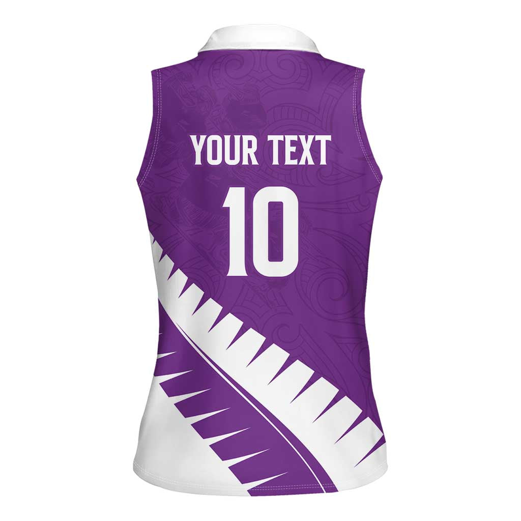 Custom New Zealand Cricket Women Sleeveless Polo Shirt Kiwi Birds Haka Dance Purple Fern Sporty Style