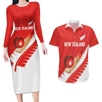 Custom New Zealand Cricket Couples Matching Long Sleeve Bodycon Dress and Hawaiian Shirt Kiwi Birds Haka Dance Red Fern Sporty Style LT03 Red - Polynesian Pride