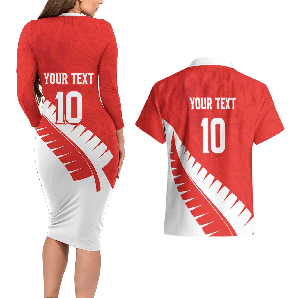 Custom New Zealand Cricket Couples Matching Long Sleeve Bodycon Dress and Hawaiian Shirt Kiwi Birds Haka Dance Red Fern Sporty Style LT03 - Polynesian Pride