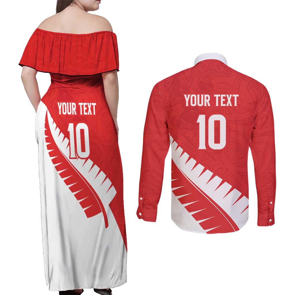Custom New Zealand Cricket Couples Matching Off Shoulder Maxi Dress and Long Sleeve Button Shirt Kiwi Birds Haka Dance Red Fern Sporty Style