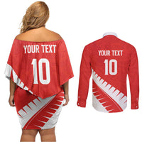 Custom New Zealand Cricket Couples Matching Off Shoulder Short Dress and Long Sleeve Button Shirt Kiwi Birds Haka Dance Red Fern Sporty Style