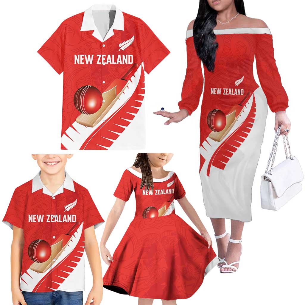 Custom New Zealand Cricket Family Matching Off The Shoulder Long Sleeve Dress and Hawaiian Shirt Kiwi Birds Haka Dance Red Fern Sporty Style LT03 - Polynesian Pride
