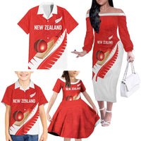 Custom New Zealand Cricket Family Matching Off The Shoulder Long Sleeve Dress and Hawaiian Shirt Kiwi Birds Haka Dance Red Fern Sporty Style LT03 - Polynesian Pride