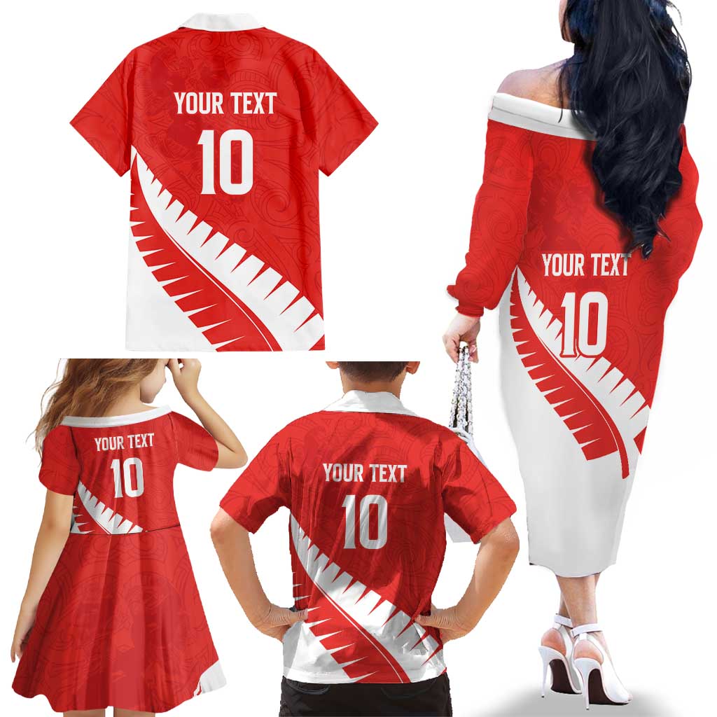 Custom New Zealand Cricket Family Matching Off The Shoulder Long Sleeve Dress and Hawaiian Shirt Kiwi Birds Haka Dance Red Fern Sporty Style LT03 - Polynesian Pride