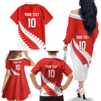Custom New Zealand Cricket Family Matching Off The Shoulder Long Sleeve Dress and Hawaiian Shirt Kiwi Birds Haka Dance Red Fern Sporty Style LT03 - Polynesian Pride