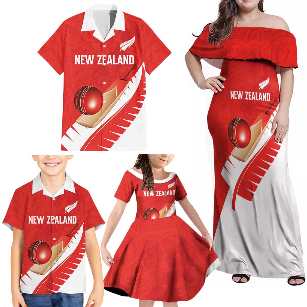 Custom New Zealand Cricket Family Matching Off Shoulder Maxi Dress and Hawaiian Shirt Kiwi Birds Haka Dance Red Fern Sporty Style LT03 - Polynesian Pride