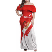 Custom New Zealand Cricket Family Matching Off Shoulder Maxi Dress and Hawaiian Shirt Kiwi Birds Haka Dance Red Fern Sporty Style LT03 Mom's Dress Red - Polynesian Pride