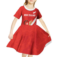 Custom New Zealand Cricket Kid Short Sleeve Dress Kiwi Birds Haka Dance Red Fern Sporty Style
