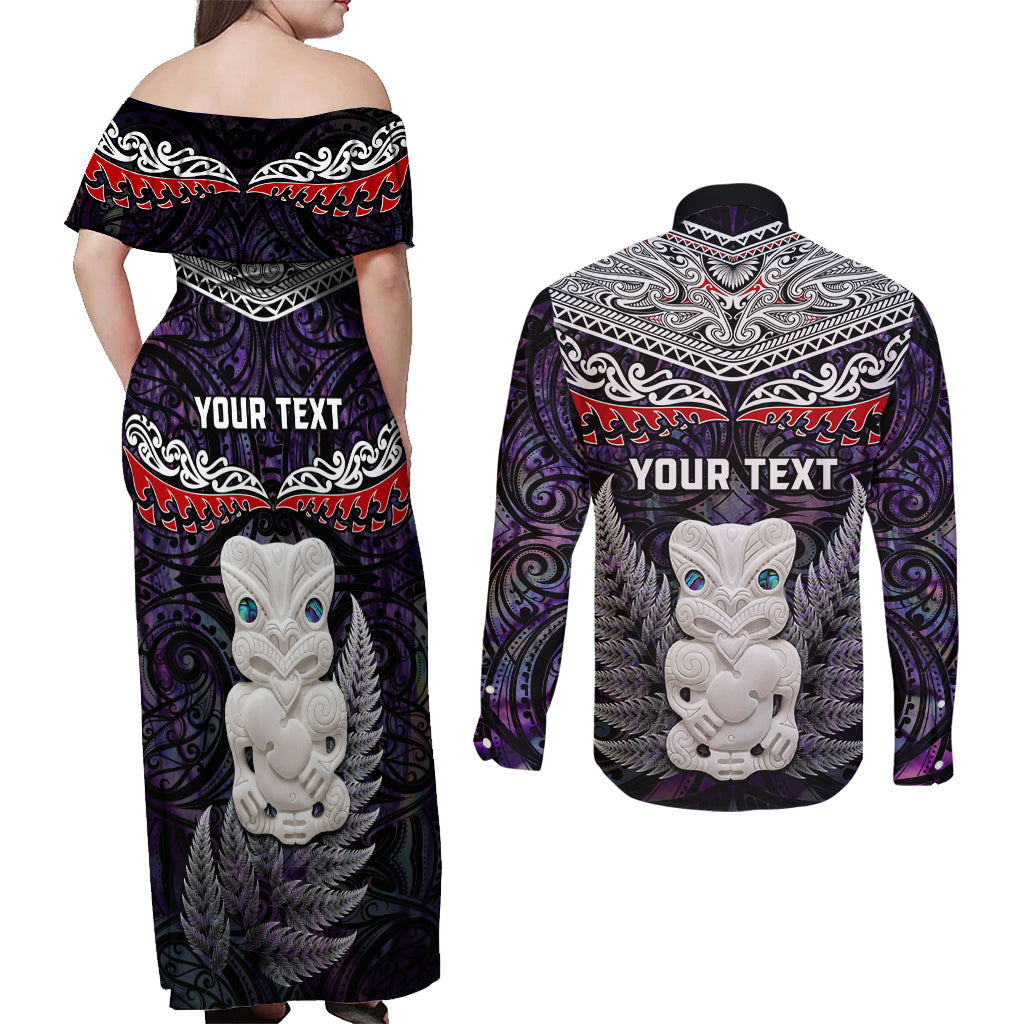 New Zealand Hei Tiki Couples Matching Off Shoulder Maxi Dress and Long Sleeve Button Shirt Maori Purple Papua Shell Pattern LT03 - Polynesian Pride