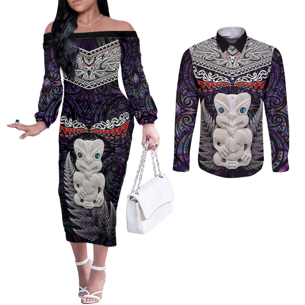 New Zealand Hei Tiki Couples Matching Off The Shoulder Long Sleeve Dress and Long Sleeve Button Shirt Maori Purple Papua Shell Pattern LT03 Purple - Polynesian Pride