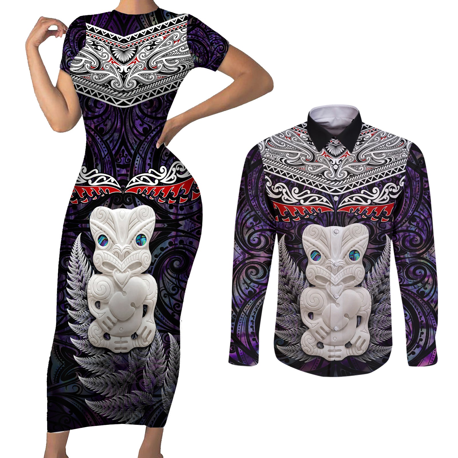 New Zealand Hei Tiki Couples Matching Short Sleeve Bodycon Dress and Long Sleeve Button Shirt Maori Purple Papua Shell Pattern LT03 Purple - Polynesian Pride