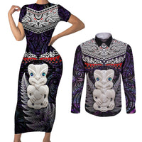 New Zealand Hei Tiki Couples Matching Short Sleeve Bodycon Dress and Long Sleeve Button Shirt Maori Purple Papua Shell Pattern LT03 Purple - Polynesian Pride