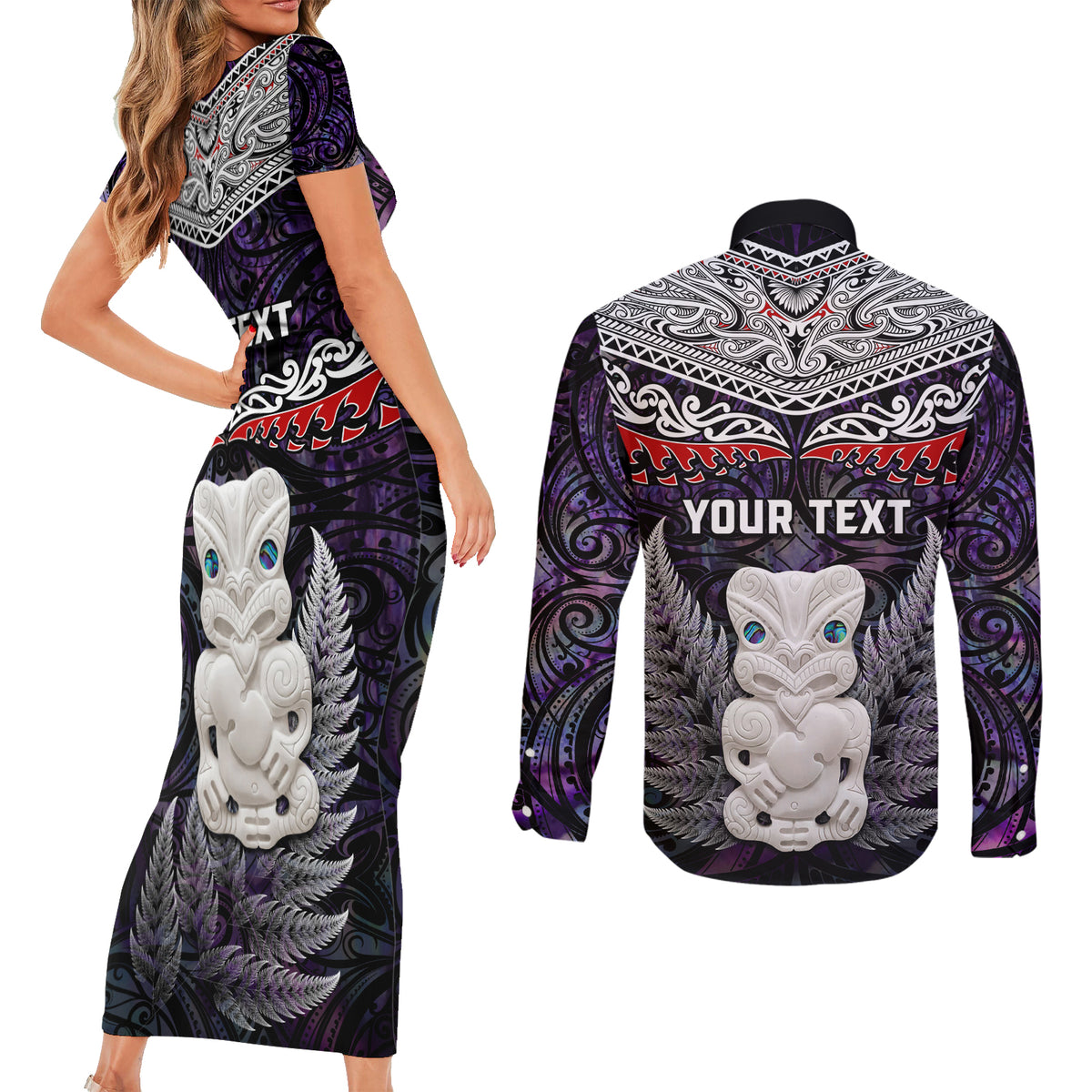 New Zealand Hei Tiki Couples Matching Short Sleeve Bodycon Dress and Long Sleeve Button Shirt Maori Purple Papua Shell Pattern LT03 - Polynesian Pride