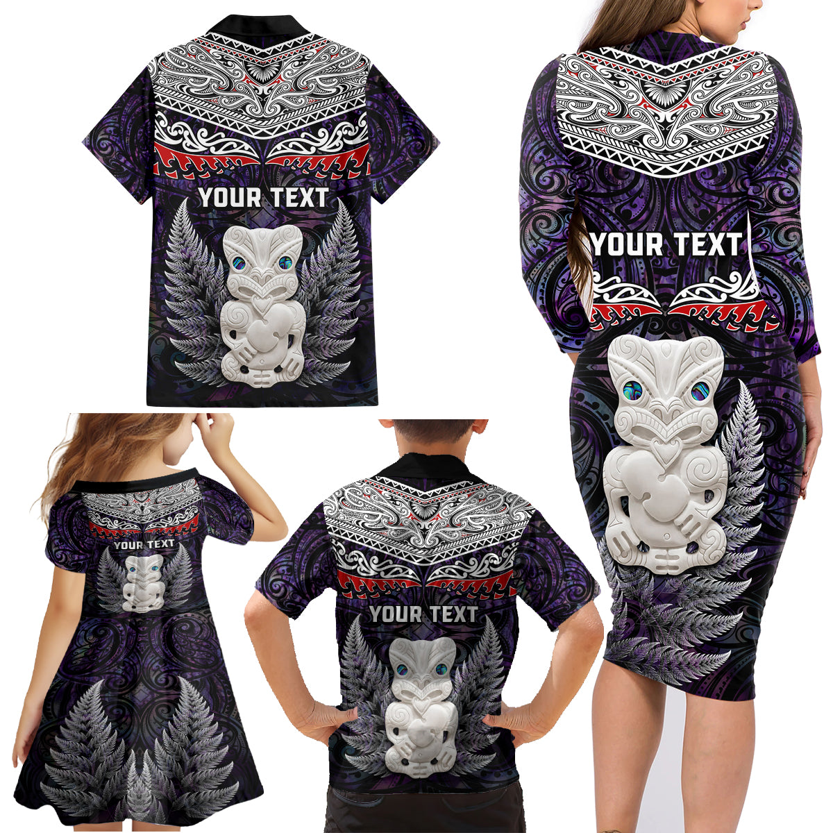 New Zealand Hei Tiki Family Matching Long Sleeve Bodycon Dress and Hawaiian Shirt Maori Purple Papua Shell Pattern LT03 - Polynesian Pride