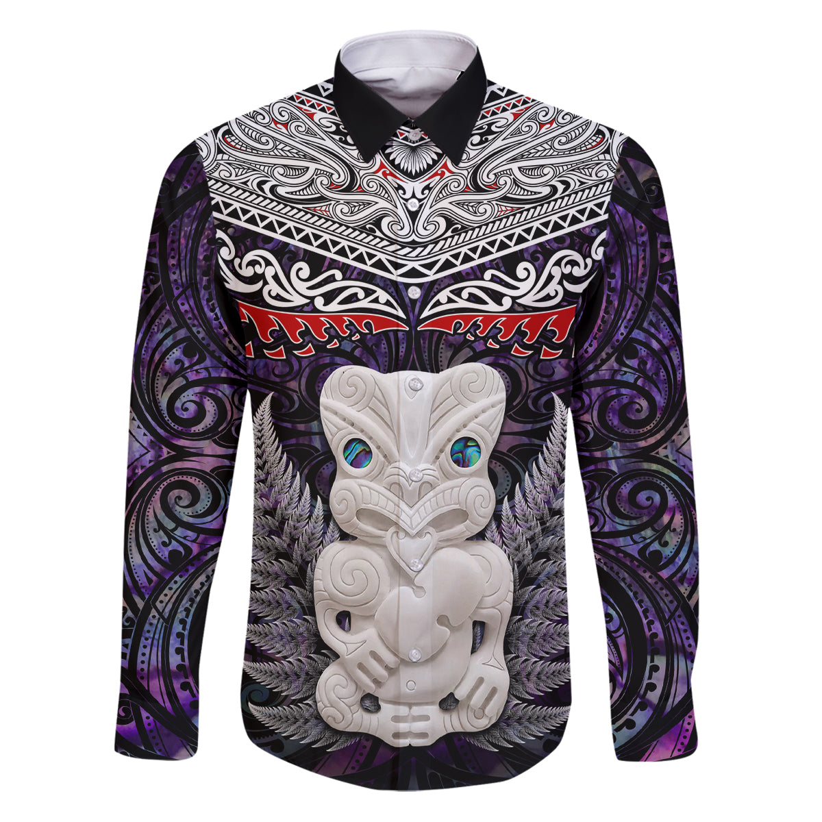 New Zealand Hei Tiki Family Matching Puletasi and Hawaiian Shirt Maori Purple Papua Shell Pattern LT03 Dad's Shirt - Long Sleeve Purple - Polynesian Pride