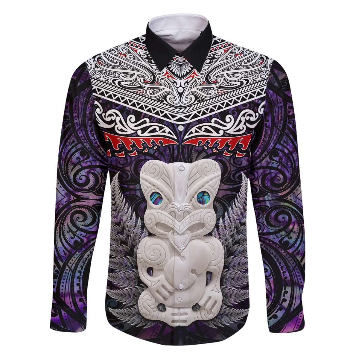New Zealand Hei Tiki Family Matching Tank Maxi Dress and Hawaiian Shirt Maori Purple Papua Shell Pattern LT03 Dad's Shirt - Long Sleeve Purple - Polynesian Pride