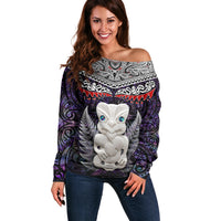 New Zealand Hei Tiki Off Shoulder Sweater Maori Purple Papua Shell Pattern LT03 Women Purple - Polynesian Pride
