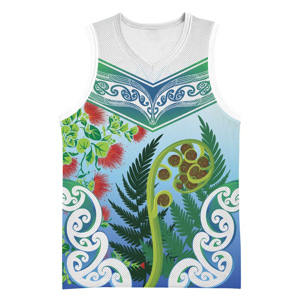 Aotearoa New Zealand Natural Plants Basketball Jersey Pohutukawa with Silver Ferns Koru Frond Maori Tattoos