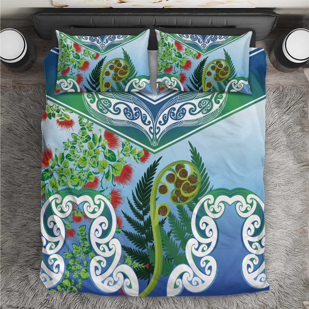 Aotearoa New Zealand Natural Plants Bedding Set Pohutukawa with Silver Ferns Koru Frond Maori Tattoos