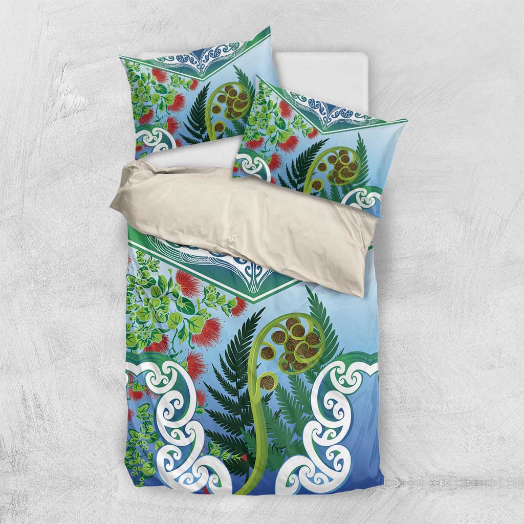 Aotearoa New Zealand Natural Plants Bedding Set Pohutukawa with Silver Ferns Koru Frond Maori Tattoos