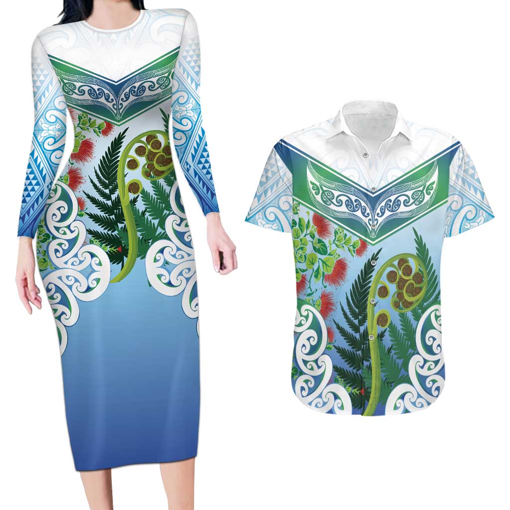 Aotearoa New Zealand Natural Plants Couples Matching Long Sleeve Bodycon Dress and Hawaiian Shirt Pohutukawa with Silver Ferns Koru Frond Maori Tattoos LT03 Multicolor - Polynesian Pride