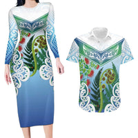 Aotearoa New Zealand Natural Plants Couples Matching Long Sleeve Bodycon Dress and Hawaiian Shirt Pohutukawa with Silver Ferns Koru Frond Maori Tattoos LT03 Multicolor - Polynesian Pride