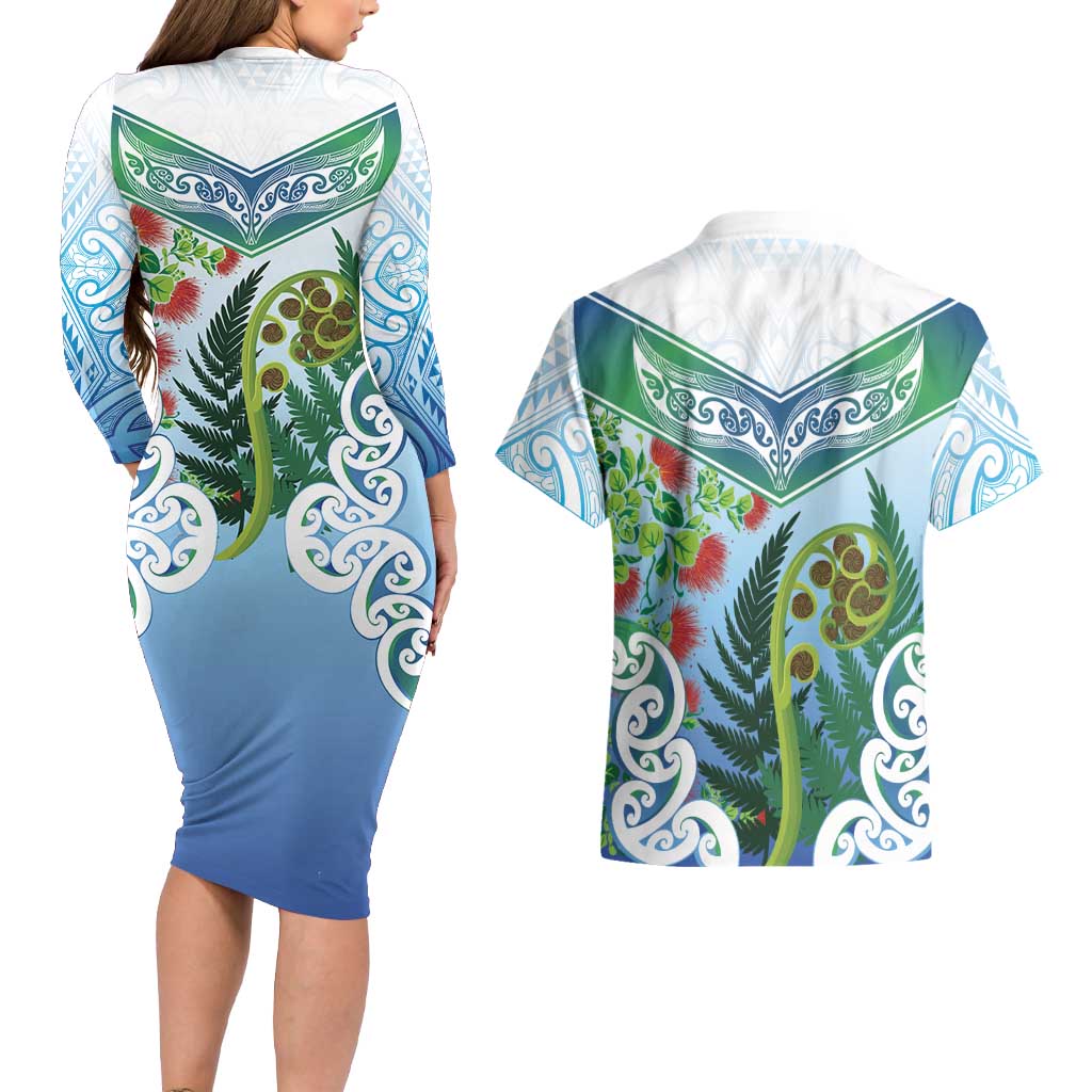 Aotearoa New Zealand Natural Plants Couples Matching Long Sleeve Bodycon Dress and Hawaiian Shirt Pohutukawa with Silver Ferns Koru Frond Maori Tattoos LT03 - Polynesian Pride