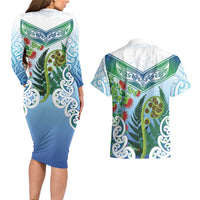 Aotearoa New Zealand Natural Plants Couples Matching Long Sleeve Bodycon Dress and Hawaiian Shirt Pohutukawa with Silver Ferns Koru Frond Maori Tattoos LT03 - Polynesian Pride