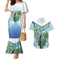 Aotearoa New Zealand Natural Plants Couples Matching Mermaid Dress and Hawaiian Shirt Pohutukawa with Silver Ferns Koru Frond Maori Tattoos