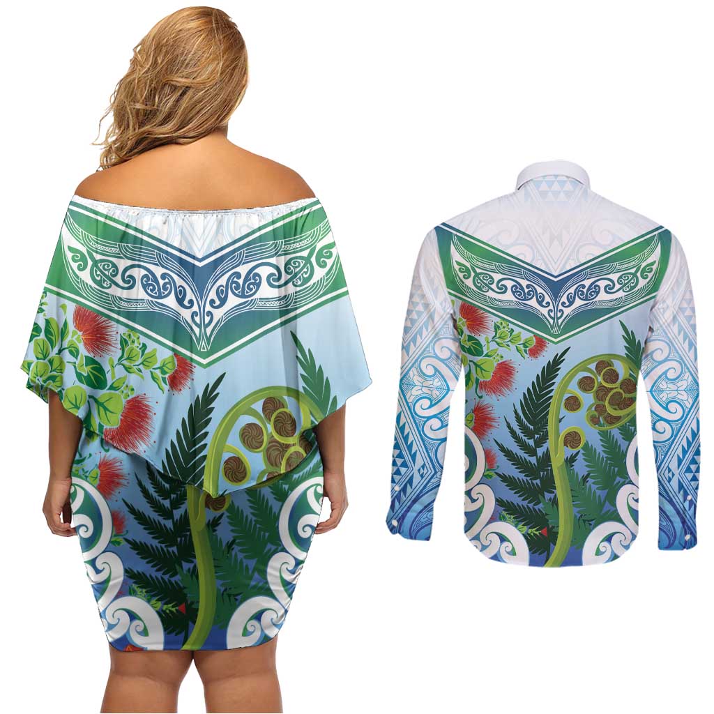 Aotearoa New Zealand Natural Plants Couples Matching Off Shoulder Short Dress and Long Sleeve Button Shirt Pohutukawa with Silver Ferns Koru Frond Maori Tattoos