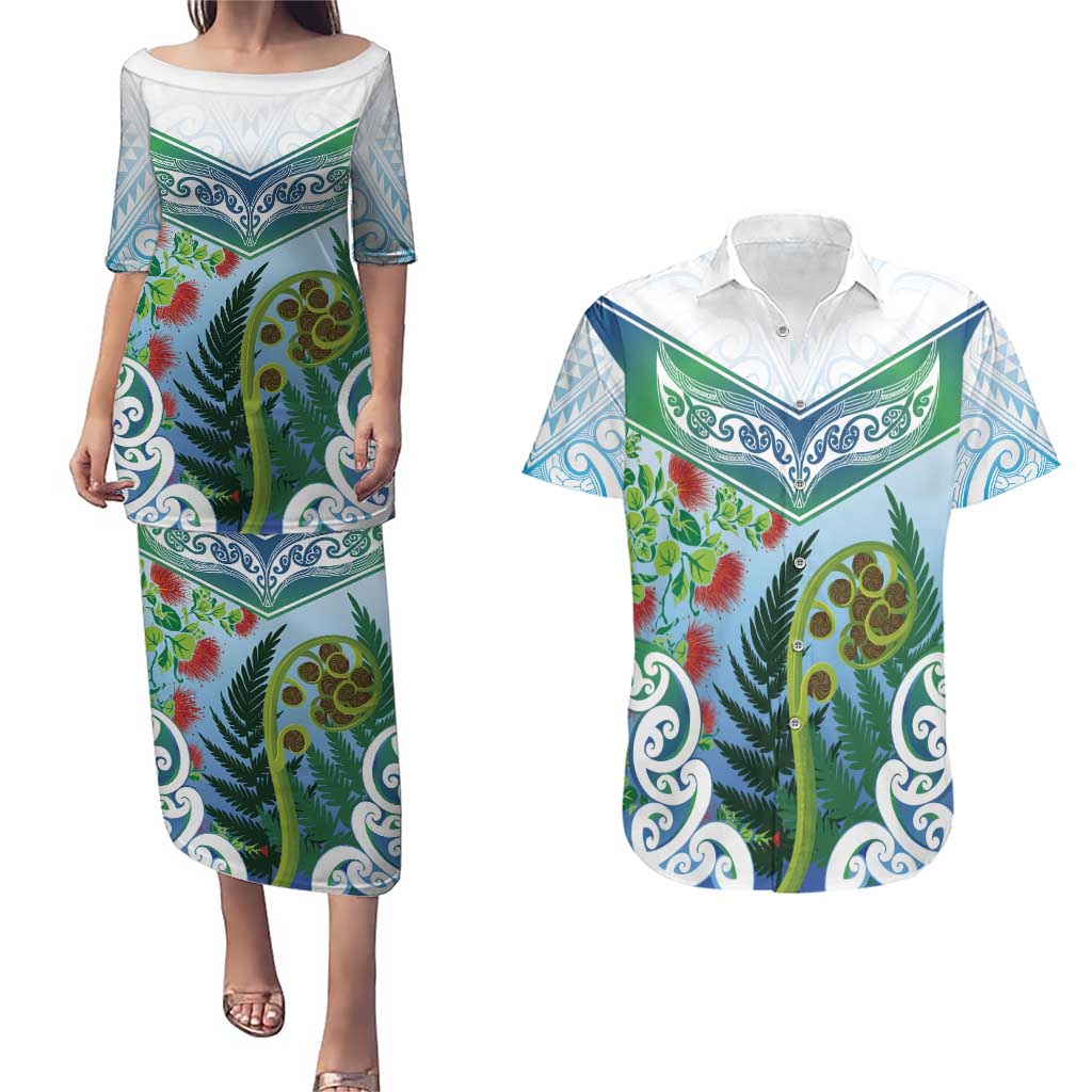Aotearoa New Zealand Natural Plants Couples Matching Puletasi and Hawaiian Shirt Pohutukawa with Silver Ferns Koru Frond Maori Tattoos