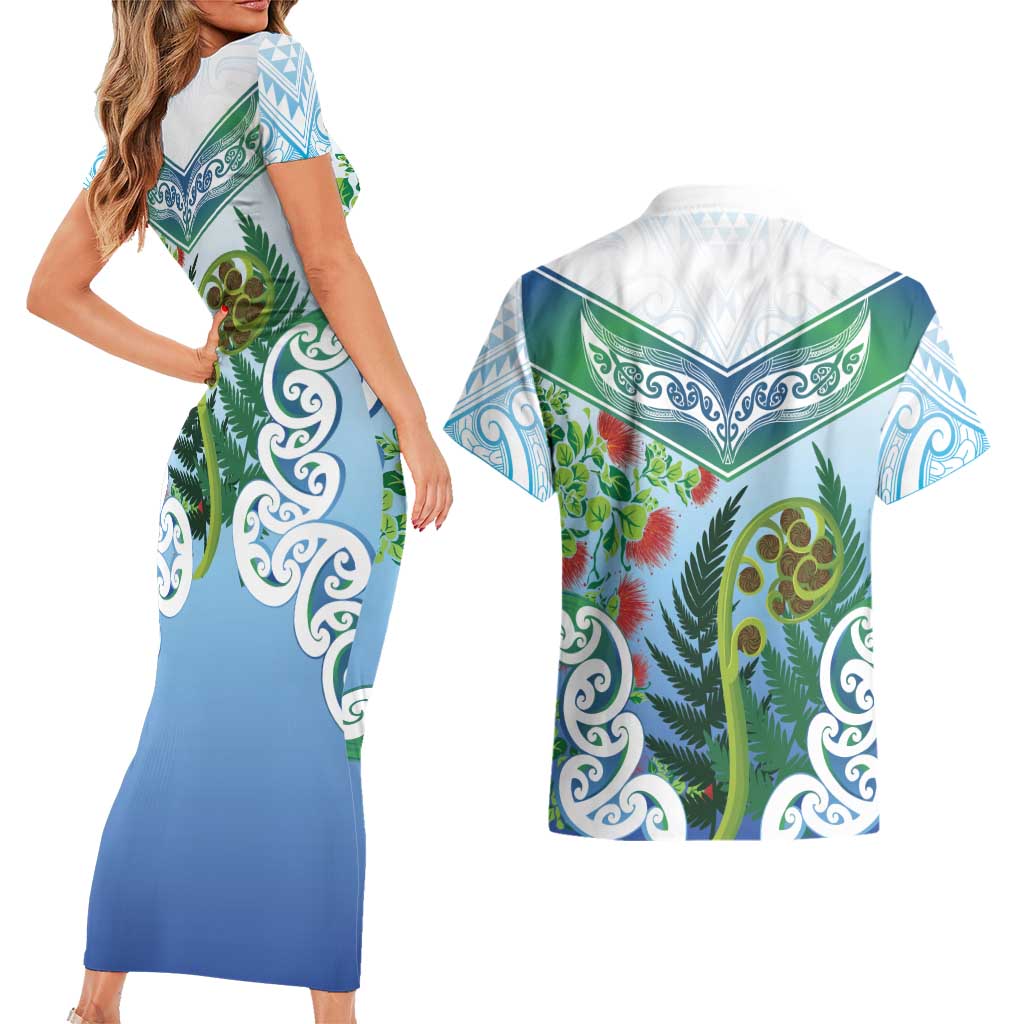 Aotearoa New Zealand Natural Plants Couples Matching Short Sleeve Bodycon Dress and Hawaiian Shirt Pohutukawa with Silver Ferns Koru Frond Maori Tattoos