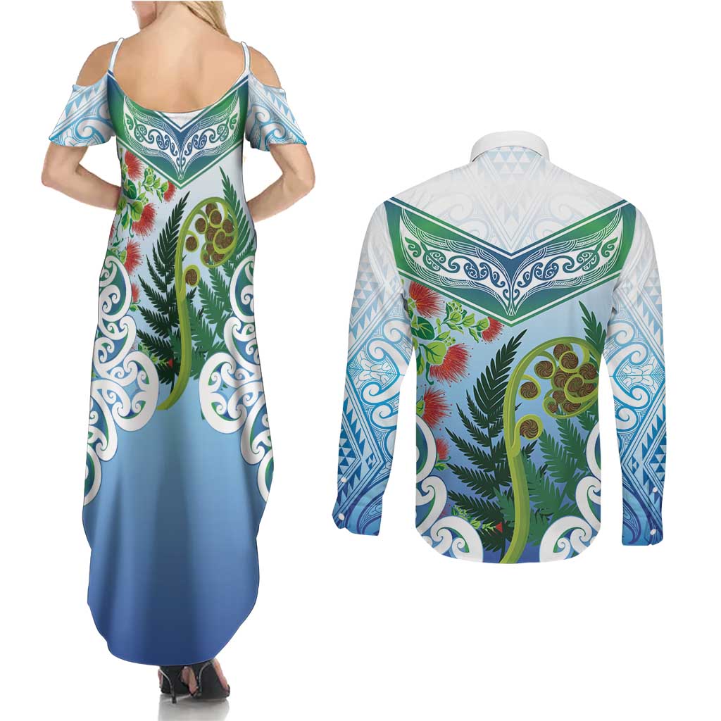 Aotearoa New Zealand Natural Plants Couples Matching Summer Maxi Dress and Long Sleeve Button Shirt Pohutukawa with Silver Ferns Koru Frond Maori Tattoos