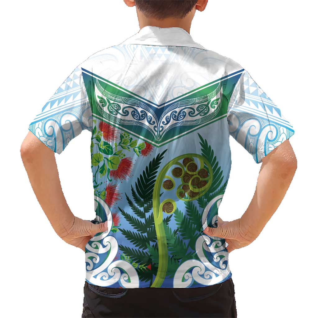 Aotearoa New Zealand Natural Plants Family Matching Off The Shoulder Long Sleeve Dress and Hawaiian Shirt Pohutukawa with Silver Ferns Koru Frond Maori Tattoos LT03 - Polynesian Pride