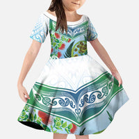 Aotearoa New Zealand Natural Plants Family Matching Off The Shoulder Long Sleeve Dress and Hawaiian Shirt Pohutukawa with Silver Ferns Koru Frond Maori Tattoos LT03 Daughter's Dress Multicolor - Polynesian Pride