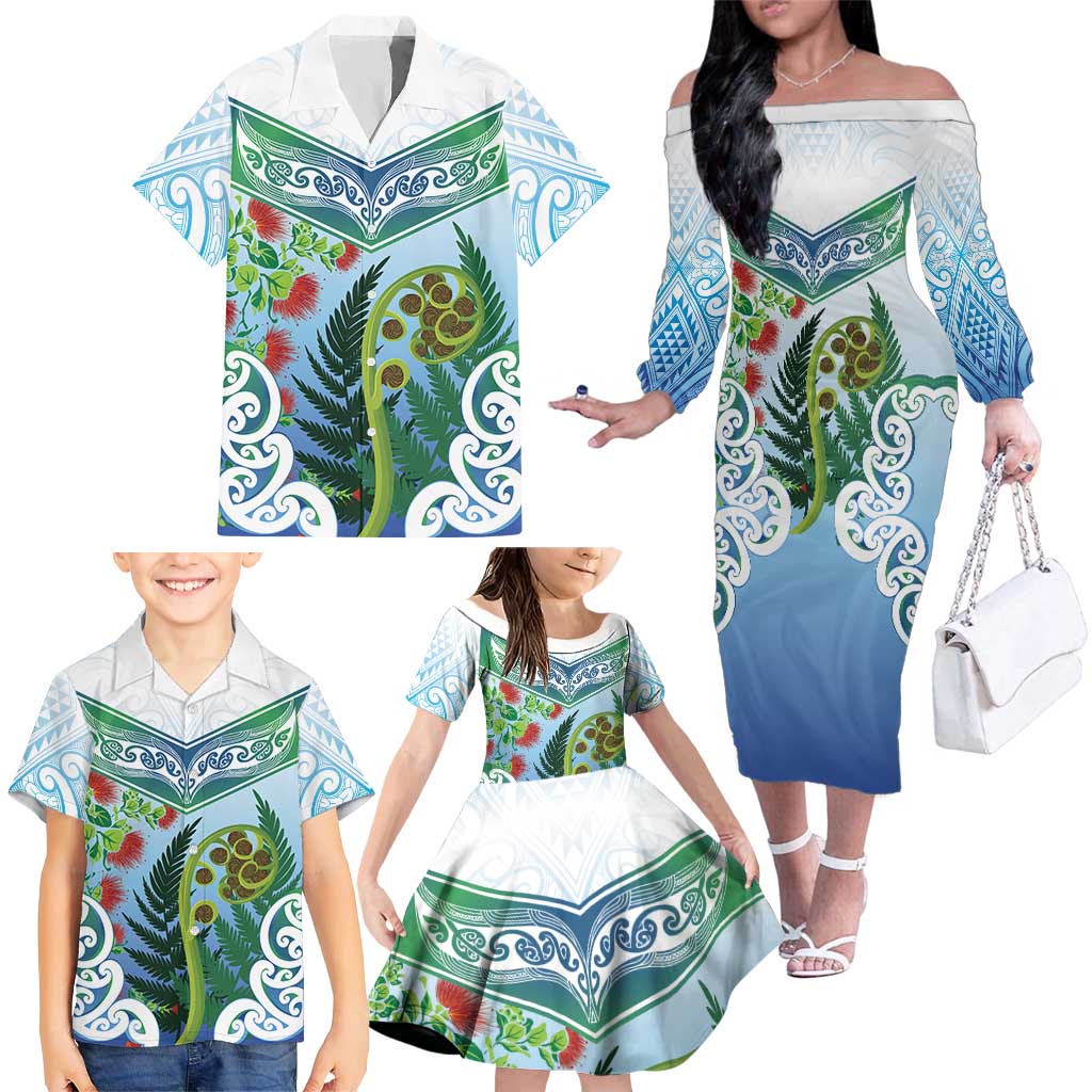 Aotearoa New Zealand Natural Plants Family Matching Off The Shoulder Long Sleeve Dress and Hawaiian Shirt Pohutukawa with Silver Ferns Koru Frond Maori Tattoos LT03 - Polynesian Pride