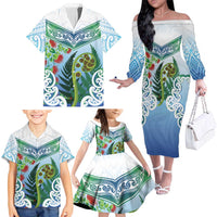 Aotearoa New Zealand Natural Plants Family Matching Off The Shoulder Long Sleeve Dress and Hawaiian Shirt Pohutukawa with Silver Ferns Koru Frond Maori Tattoos LT03 - Polynesian Pride